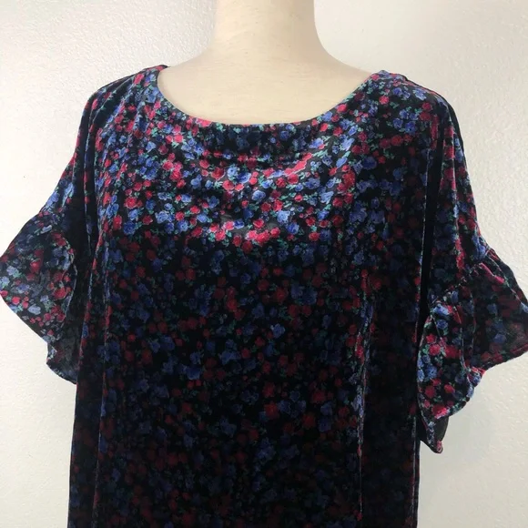 Gap Ruffle Velour Velvet Black Floral Shift Dress - Picture 3 of 10